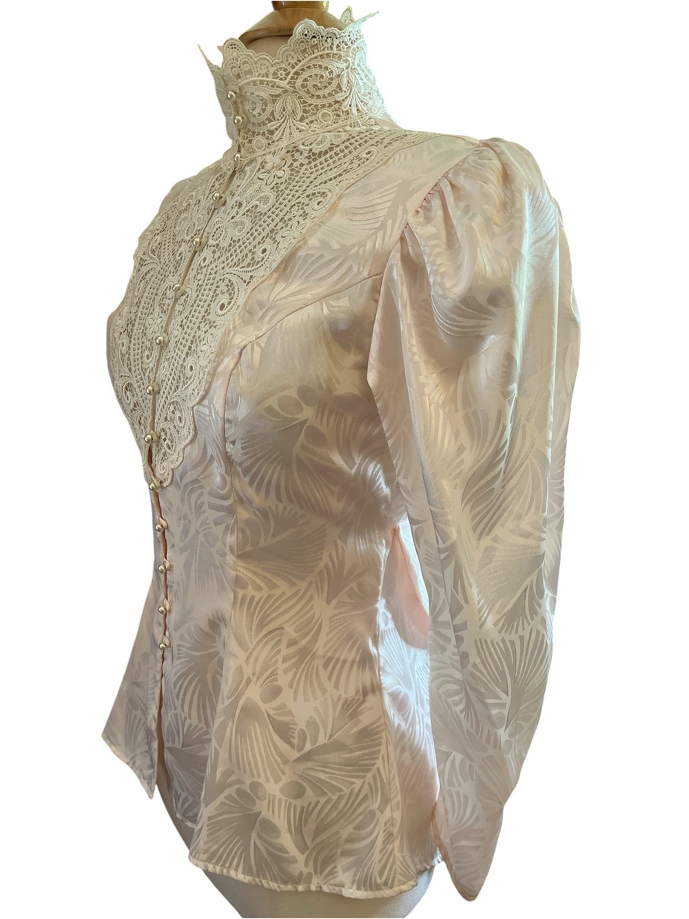 Vintage Miss Ashlee Pink & Cream Lace High-Neck Victorian-Inspired Blouse Size 6 - Picture 7 of 17